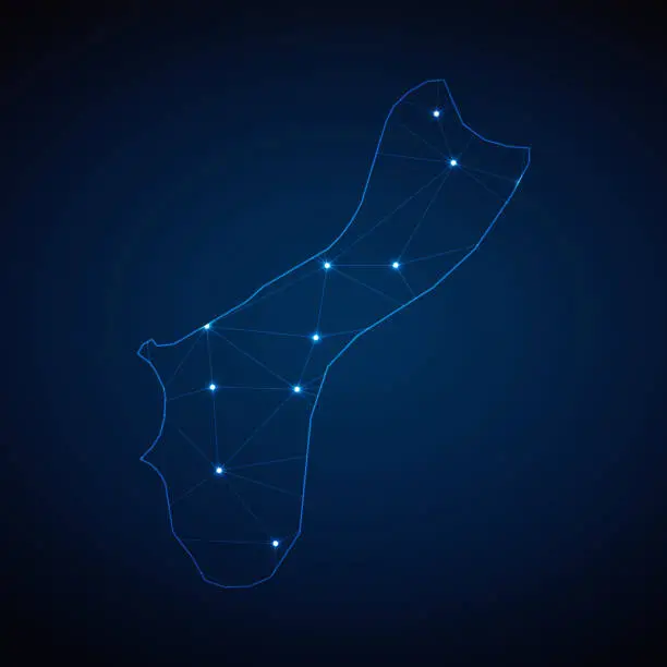 Vector illustration of Abstract wireframe mesh polygonal map of Guam with lights in the form of cities on dark blue background. Vector illustration EPS10