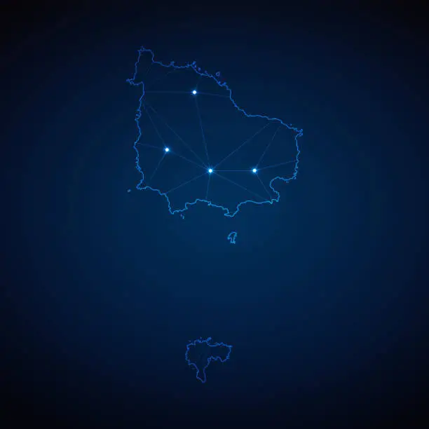 Vector illustration of Abstract wireframe mesh polygonal map of Norfolk Island with lights in the form of cities on dark blue background. Vector illustration EPS10