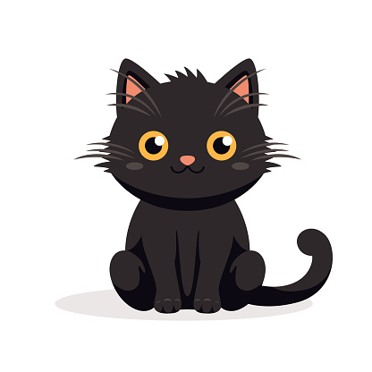 Vector Flat Black Cat. Cartoon Cat Icon Isolated. Black Cute and Funny Cat in Front View.