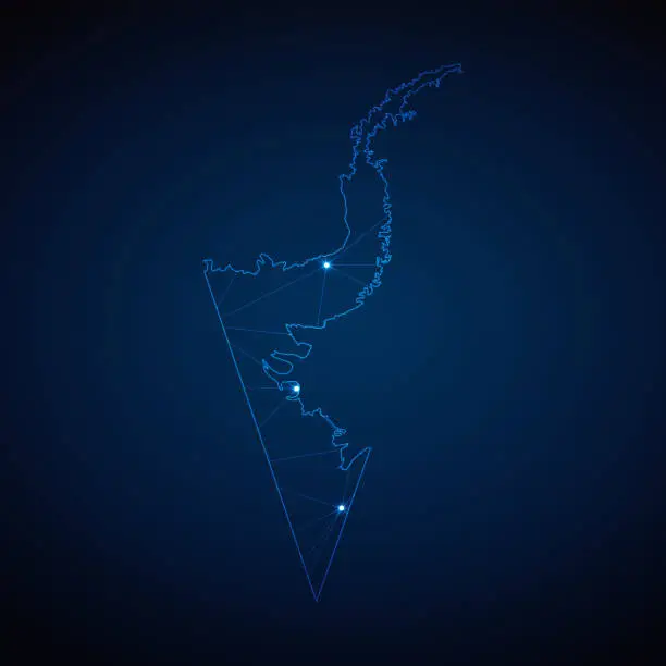 Vector illustration of Abstract wireframe mesh polygonal map of Chilean Antarctic Territory with lights in the form of cities on dark blue background. Vector illustration EPS10