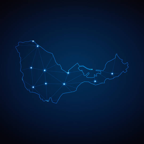 istock Abstract wireframe mesh polygonal map of Ceuta with lights in the form of cities on dark blue background. Vector illustration EPS10 1889680170