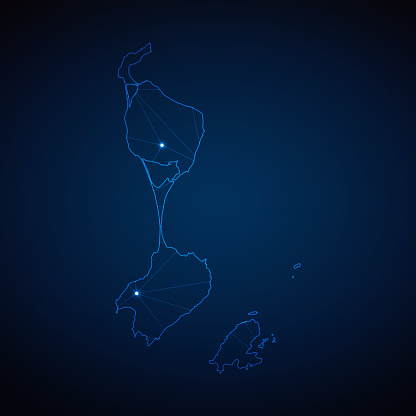 Abstract wireframe mesh polygonal map of Saint Pierre and Miquelon with lights in the form of cities on dark blue background. Vector illustration EPS10
