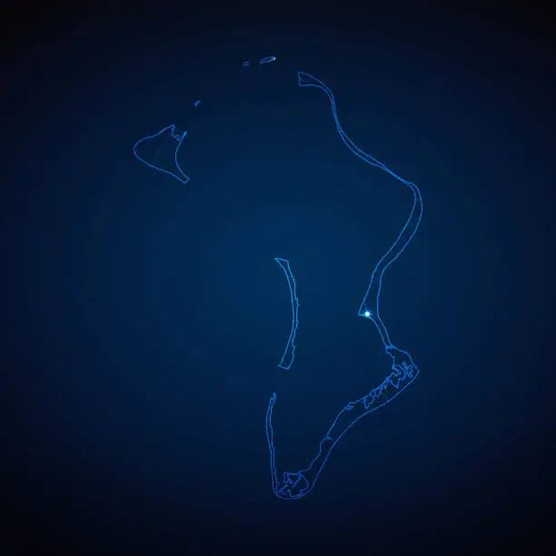 Vector illustration of Abstract wireframe mesh polygonal map of British Indian Ocean Territory with lights in the form of cities on dark blue background. Vector illustration EPS10