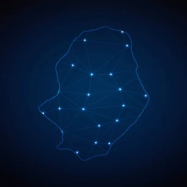 Vector illustration of Abstract wireframe mesh polygonal map of Niue with lights in the form of cities on dark blue background. Vector illustration EPS10