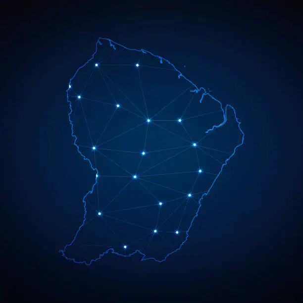 Vector illustration of Abstract wireframe mesh polygonal map of French Guiana with lights in the form of cities on dark blue background. Vector illustration EPS10