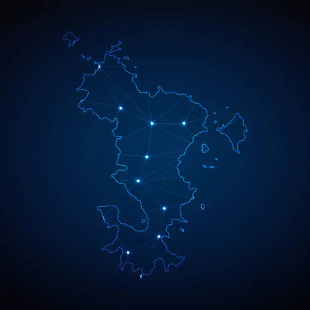 Vector illustration of Abstract wireframe mesh polygonal map of Mayotte with lights in the form of cities on dark blue background. Vector illustration EPS10