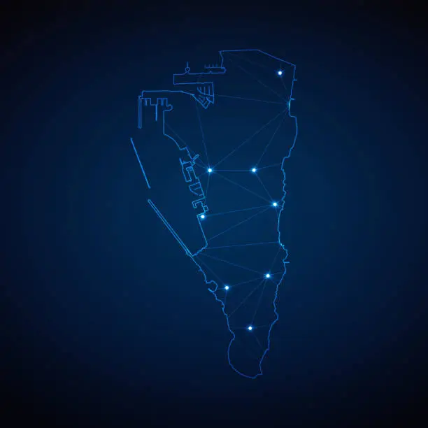 Vector illustration of Abstract wireframe mesh polygonal map of Gibraltar with lights in the form of cities on dark blue background. Vector illustration EPS10