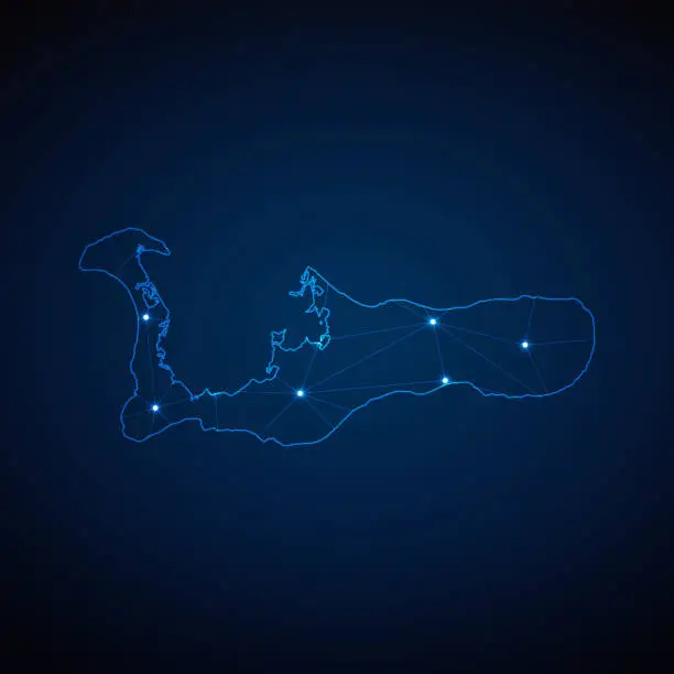Vector illustration of Abstract wireframe mesh polygonal map of Cayman Islands with lights in the form of cities on dark blue background. Vector illustration EPS10