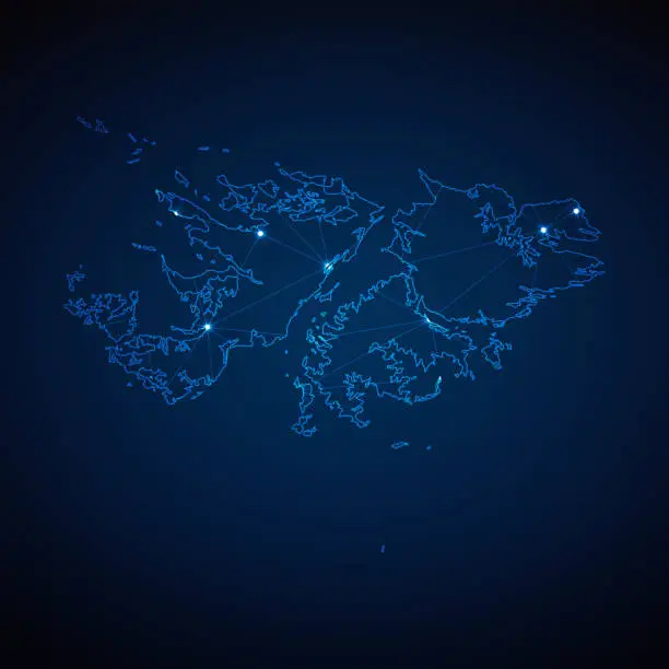 Vector illustration of Abstract wireframe mesh polygonal map of Falkland Islands with lights in the form of cities on dark blue background. Vector illustration EPS10
