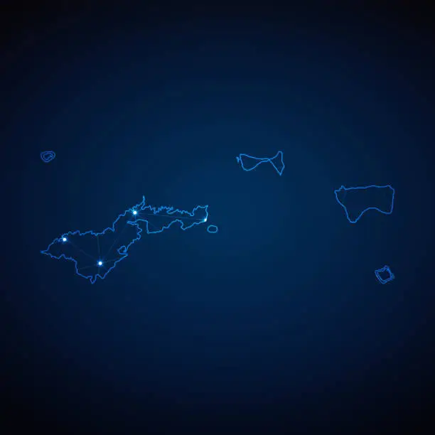 Vector illustration of Abstract wireframe mesh polygonal map of American Samoa with lights in the form of cities on dark blue background. Vector illustration EPS10