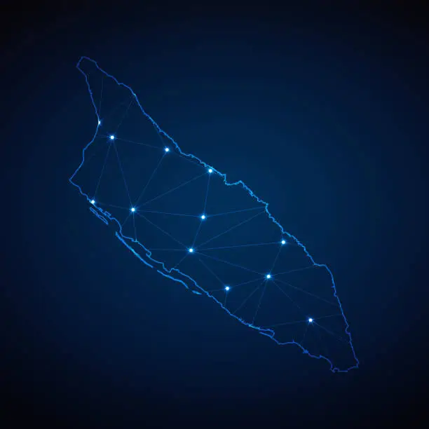 Vector illustration of Abstract wireframe mesh polygonal map of Aruba with lights in the form of cities on dark blue background. Vector illustration EPS10