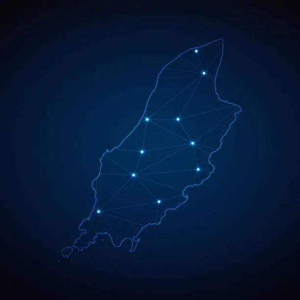 Vector illustration of Abstract wireframe mesh polygonal map of Isle of Man with lights in the form of cities on dark blue background. Vector illustration EPS10