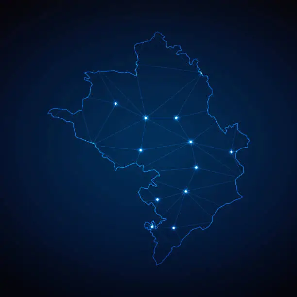 Vector illustration of Abstract wireframe mesh polygonal map of Nagorno Karabakh with lights in the form of cities on dark blue background. Vector illustration EPS10