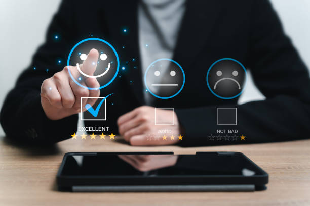 istock Customer Satisfaction Survey, Feedback on Quality, Rating Service Experiences On Online concept, Businesswomen give gold five-star rating feedback and top Service Business Reputation, Customer review 1889737603