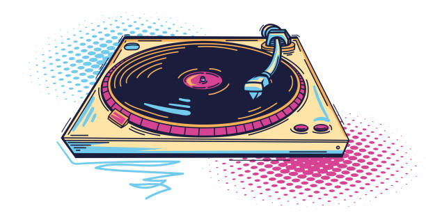 ilustraciones, imágenes clip art, dibujos animados e iconos de stock de tocadiscos de música retro colorido dibujado - tocadisco