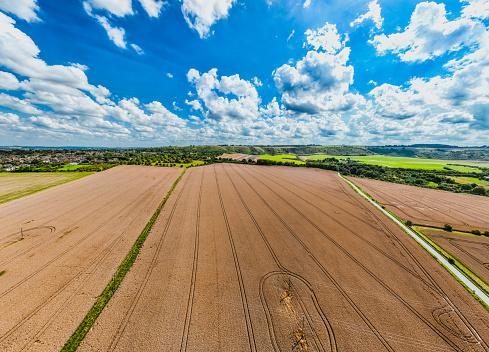 Aerial view of a harvested wheat field