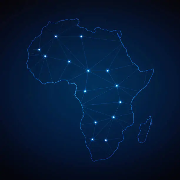 Vector illustration of Abstract wireframe mesh polygonal map of Africa Continent with lights in the form of cities on dark blue background. Vector illustration EPS10
