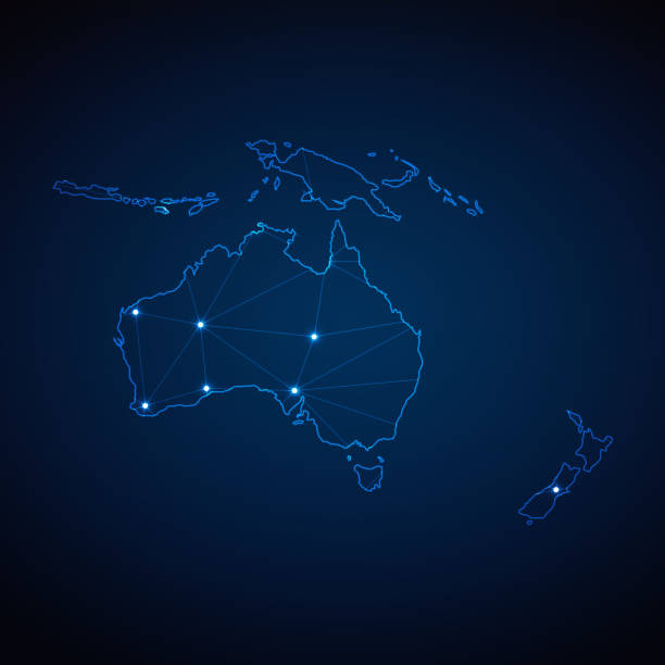 istock Abstract wireframe mesh polygonal map of Australia Continent with lights in the form of cities on dark blue background. Vector illustration EPS10 1889753817