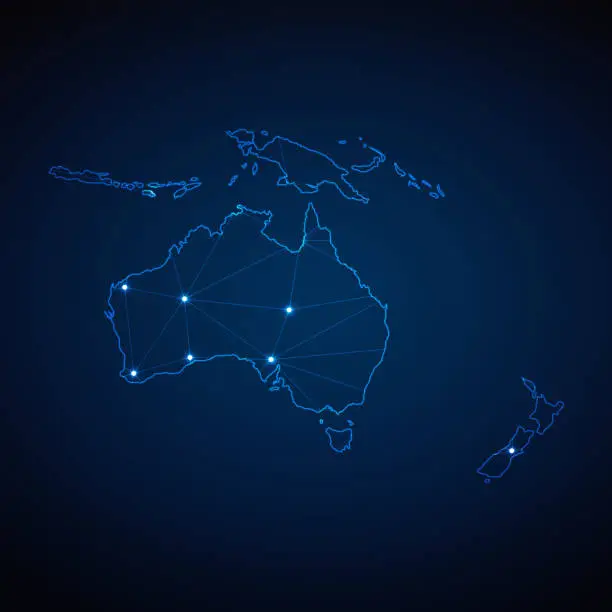 Vector illustration of Abstract wireframe mesh polygonal map of Australia Continent with lights in the form of cities on dark blue background. Vector illustration EPS10