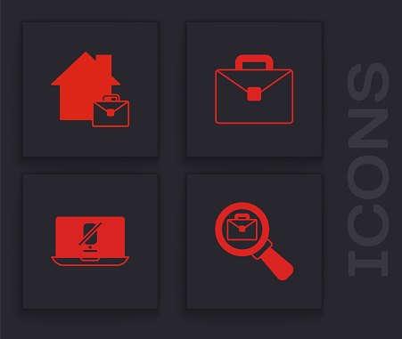 Set Magnifying glass with briefcase, Online working, Briefcase and Mute microphone on laptop icon. Vector.
