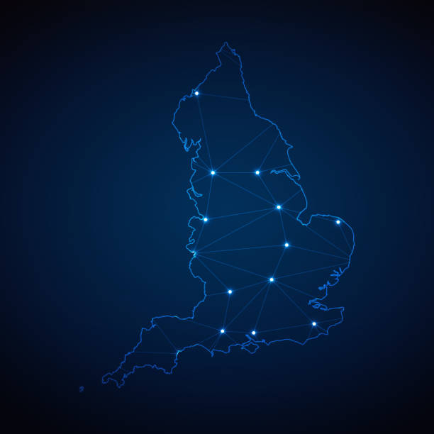 istock Abstract wireframe mesh polygonal map of England with lights in the form of cities on dark blue background. Vector illustration EPS10 1889758977
