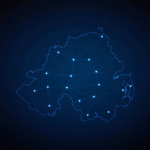 Vector illustration of Abstract wireframe mesh polygonal map of Northern Ireland with lights in the form of cities on dark blue background. Vector illustration EPS10