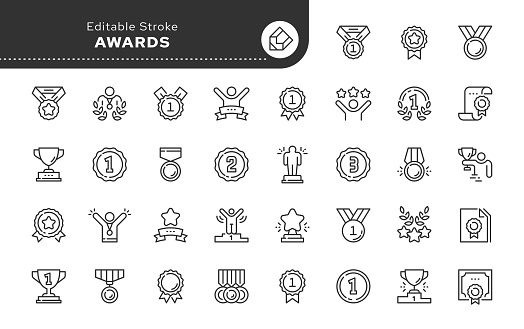 Award and medal icon in outline linear style. Winner, prize, cup and winnings in competitions. Vector set of conceptual web icons for applications, websites. Pictogram collection.