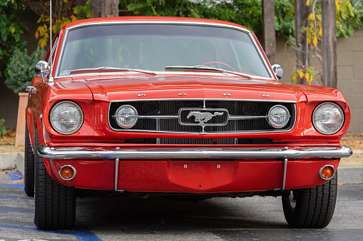 Pasadena, California, United States: classic Ford Mustang, front view, shown parked in the City of Pasadena.