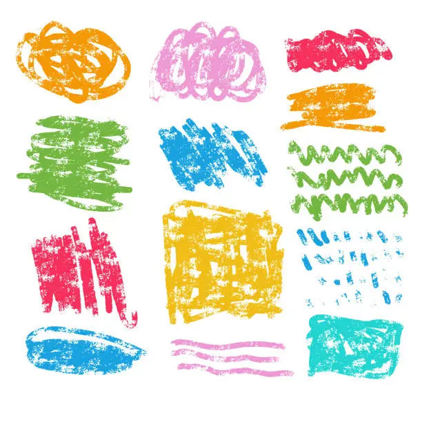 Vector illustration of Various colorful childish marker scribbles and curly lines. charcoal shapes and kids crayon abstract drawing. Doodle shapes and marker smears. Grunge texture, crosshatches, vector pencil squiggles