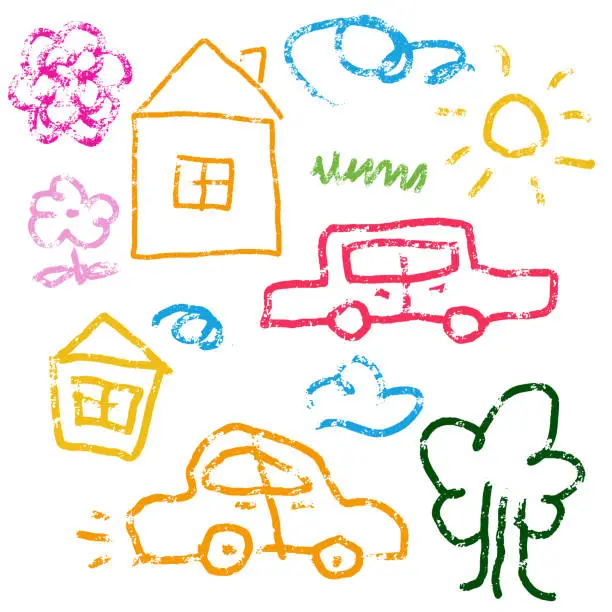 Vector illustration of Children funny simple drawings with wax crayon. Kids doodle drawing, children hand drawn house, car, tree, sun, flower and clouds pastel pencil doodle vector illustration