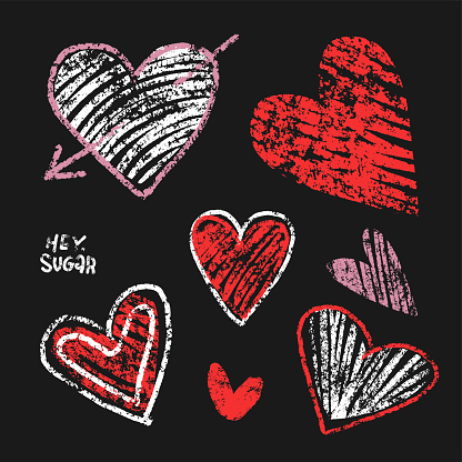 Cure childish hand drawn chalk collection of heart shapes. Grunge Valentine hearts on blackboard background. Vector textured illustration