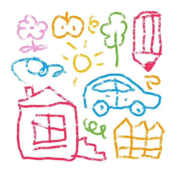 Vector illustration of Children rough linear drawing set. Child paint house, car, tree , flower, apple and sun scribbling crayons, color pencil kid draw elements. Cute neoteric nursery vector clipart