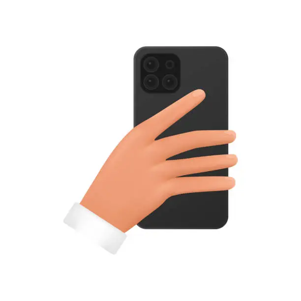 Vector illustration of 3D hand of man holding mobile phone with camera to make photo, back view of smartphone