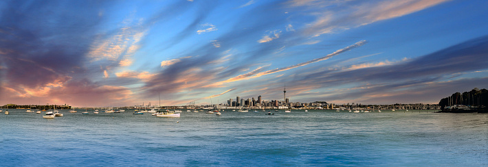 Auckland skyline at sunrise, Auckland, New Zealand
