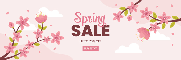 Spring Sale Sakura Cherry Blossoms Background. Banner template for social media posts, mobile apps, banners design and web or internet ads.