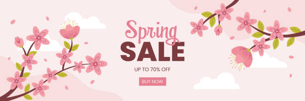 Spring Sale Sakura Cherry Blossoms Banner Spring Sale Sakura Cherry Blossoms Background. Banner template for social media posts, mobile apps, banners design and web or internet ads. spring banner stock illustrations