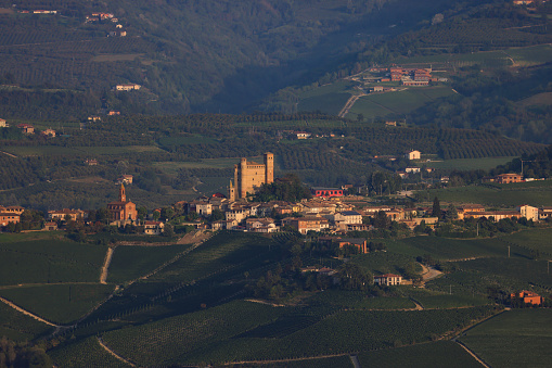 aerial view of a piedmontese village in morning light