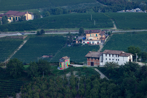 aerial view of a piedmontese village in morning light