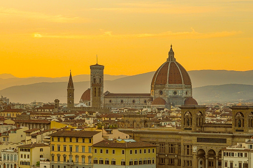 duomo, Cathedral of Santa Maria del Fiore at sunset, Florence, Italy, Middle age town view