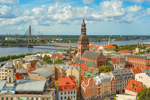 Riga Old Town, Latvia, aerial view of the city & church