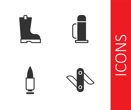 Set Swiss army knife Waterproof rubber boot Bullet and Thermos container icon. Vector.