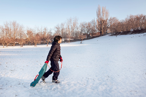 Teenager clad in a winter jacket vigorously pulls a bright teal sled by a red rope across a snow-covered landscape.Concept representing winter sports, childhood, leisure activities during the cold season, and family fun.