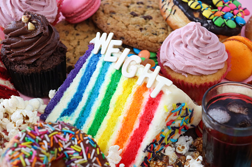 Stock photo showing close-up image of wooden letters spelling out 'Weight' surrounded by a variety of sweet junk food items including a glass of iced cola, red velvet and rainbow cake slices, glazed ring doughnut, macaron, cupcake with butter icing, popcorn, chocolate chip cookies. Unhealthy eating concept.