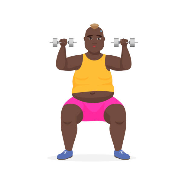 ilustrações, clipart, desenhos animados e ícones de homem acima do peso agachado com halteres, treino esportivo na academia - men muscular build abdominal muscle large