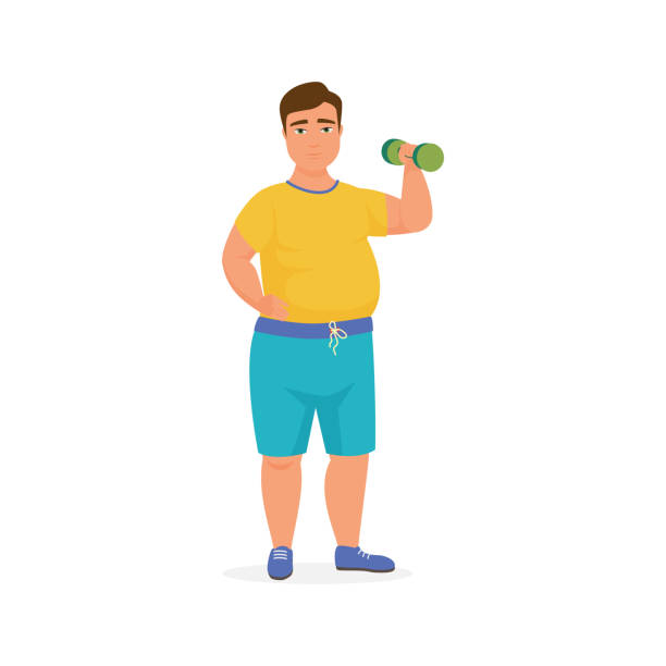 Fat man holding dumbbell to lift up, sports workout for weight loss and muscle training Fat man holding dumbbell to lift up, sports workout for weight loss and muscle training vector illustration cartoon muscular man lifting heavy weights stock illustrations
