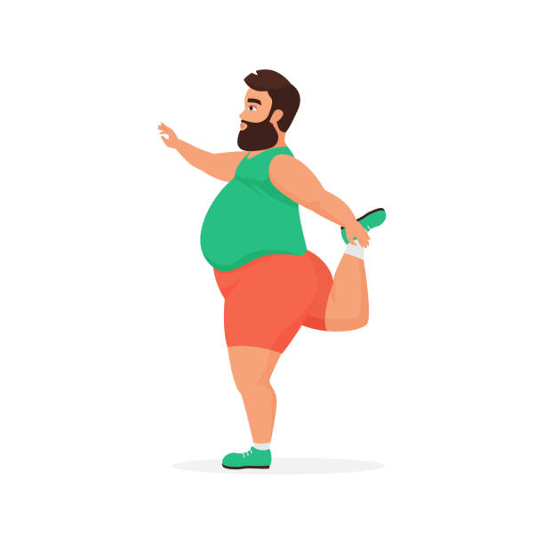 ilustrações, clipart, desenhos animados e ícones de homem plus size em pé em uma perna para fazer ioga ou ginástica na academia - men muscular build abdominal muscle large