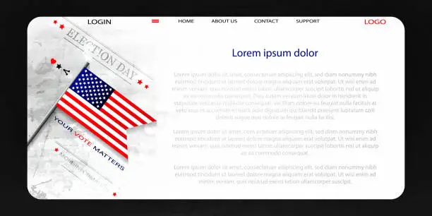 Vector illustration of Election day, political election campaign in realistic style. American flag with text on abstract grunge concrete wall background. Voting web template on isolated background.