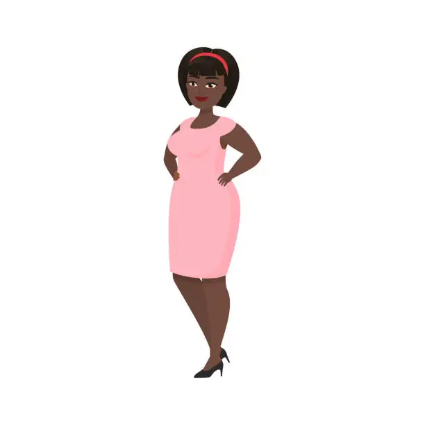 Vector illustration of Chubby happy woman with short hair and pink dress standing in confident pose