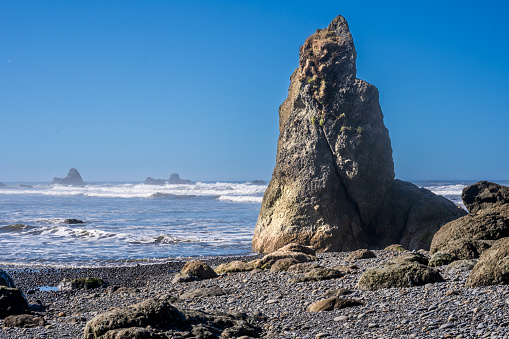 Ruby Beach, WA - US - Sept. 21, 2021: Horizontal closeup view of a sea stack at Ruby Beach in Olympic National Park.