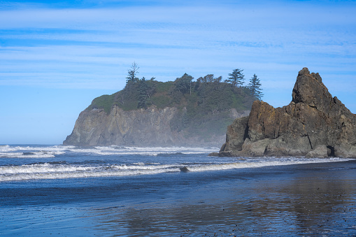 Ruby Beach, WA - US - Sept. 21, 2021: Horizontal view of the sea stacks at Ruby Beach in Olympic National Park.
